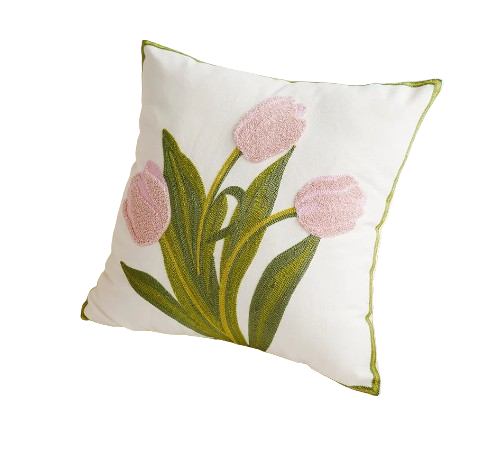 Housse de Coussin Brodée – Jardin de Tulipes