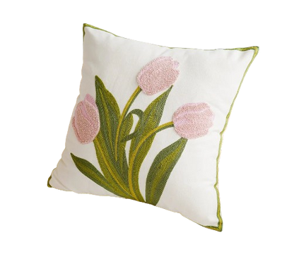 Housse de Coussin Brodée – Jardin de Tulipes