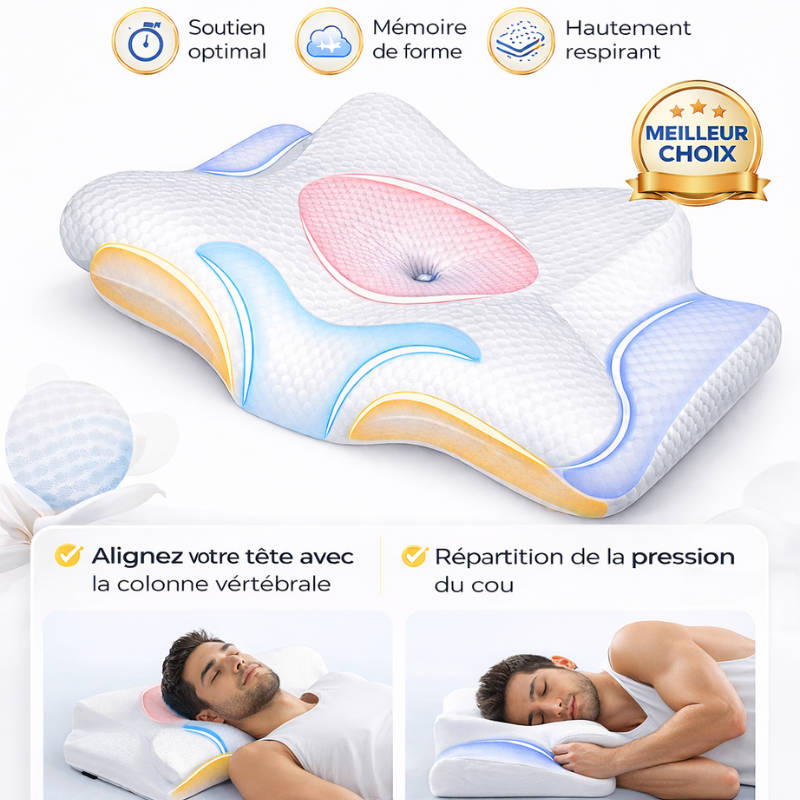 Oreiller Cervical Ergonomique en Mousse à Mémoire de Forme DreamLab™ - COUSSIN LAB