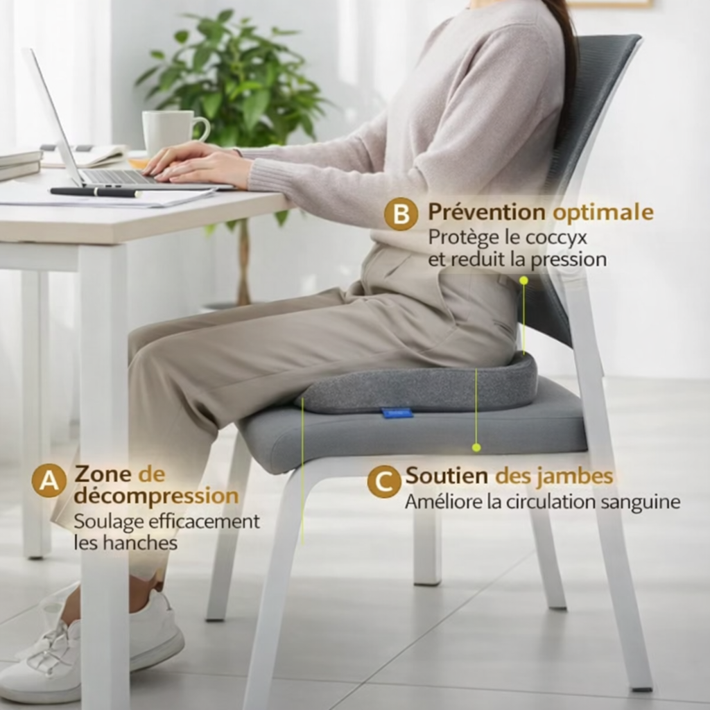 Coussin de Chaise Ergonomique en Mémoire de Forme – Soulage le Coccyx & Anti-escarres - COUSSIN LAB