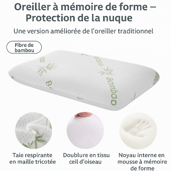Coussin Bambou 100% Naturel à Mémoire de Forme - Soutien Cervical