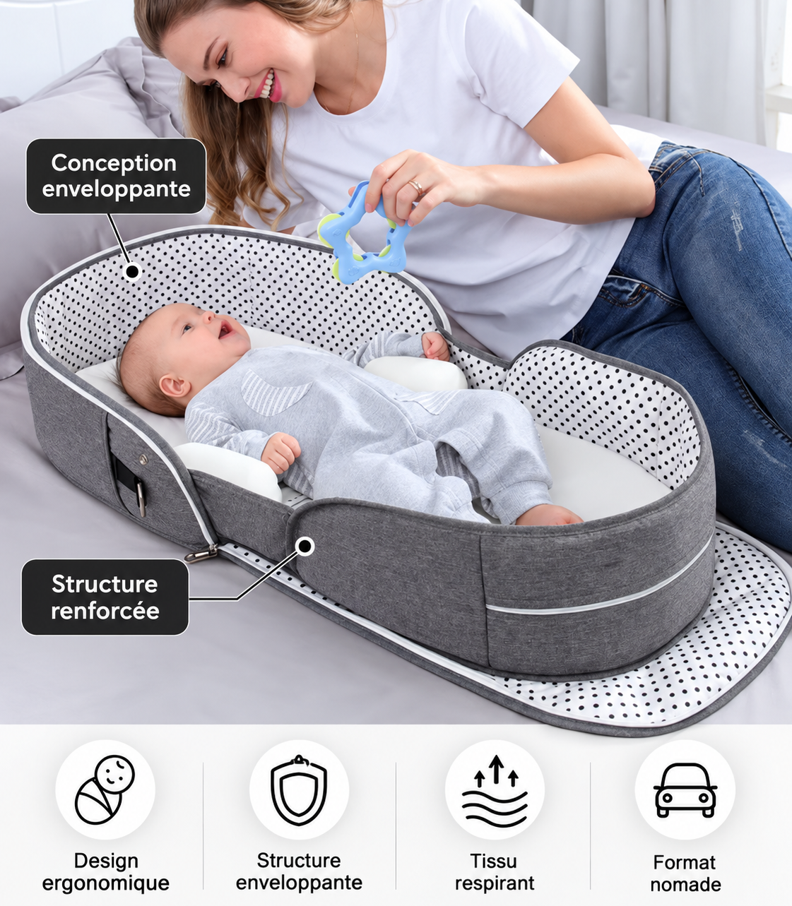 Couffin bébé portable avec moustiquaire – Lit de voyage pliable pour nouveau-né - COUSSIN LAB