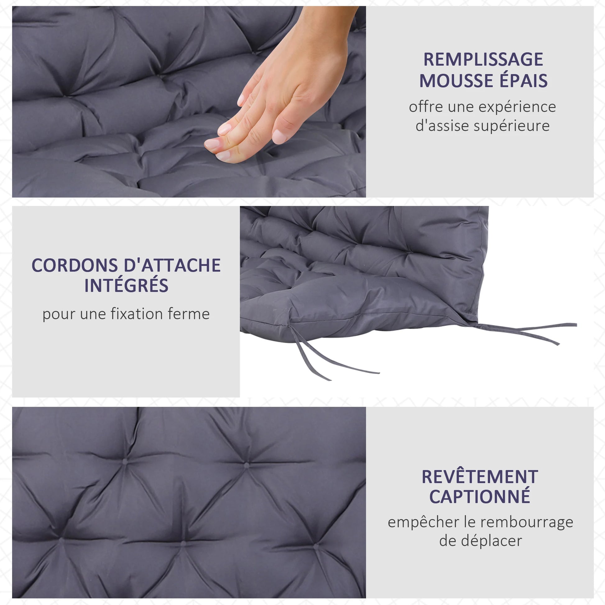 Outsunny Cushion mattress seat back for garden bench swing sofa 2 Places great comfort x 110x10 cm Gray - COUSSIN LAB