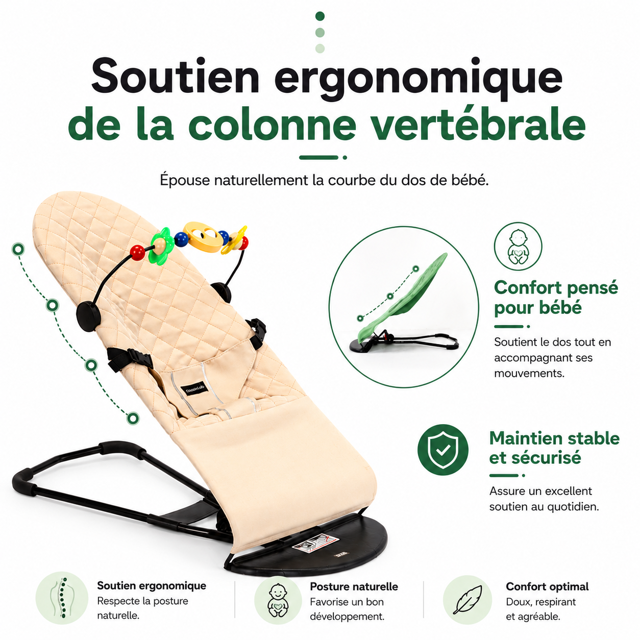 Transat & Balancelle Bébé Ergonomique – 3 Positions Réglables, Balancement Naturel et Barre à Jouets (0 à 3 Ans)