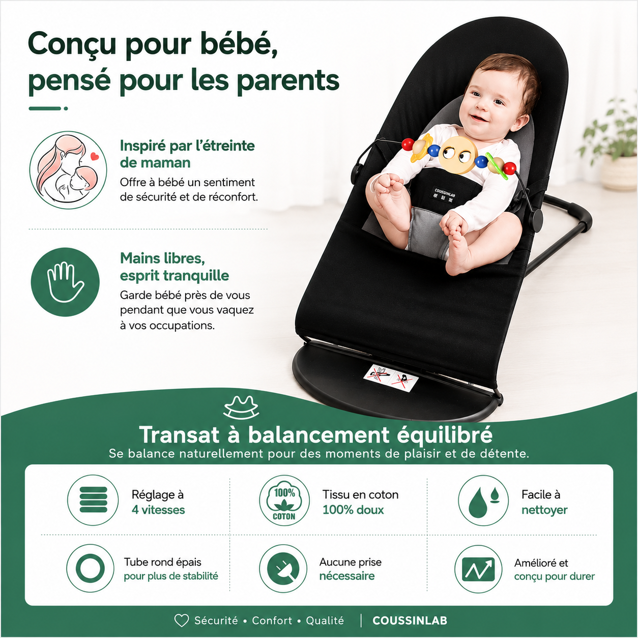 Transat & Balancelle Bébé Ergonomique – 3 Positions Réglables, Balancement Naturel et Barre à Jouets (0 à 3 Ans)