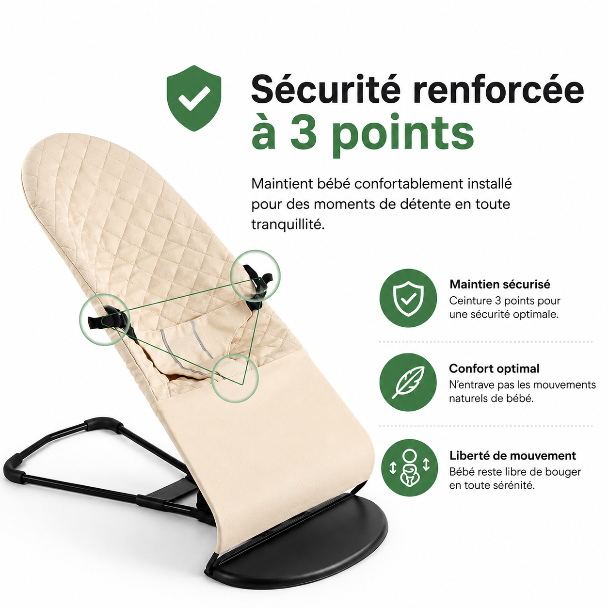 Transat & Balancelle Bébé Ergonomique – 3 Positions Réglables, Balancement Naturel et Barre à Jouets (0 à 3 Ans)